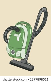 Vector illustration of green vacuun cleaner isolated on light yellow background. Housekeeping concept.