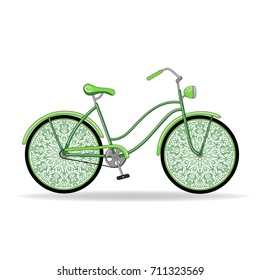 Vector illustration. Green vintage ladies bike with unusual delicate wheels.