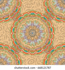 Vector illustration. In green, violet and brown colors. Ikat damask seamless pattern background tile.