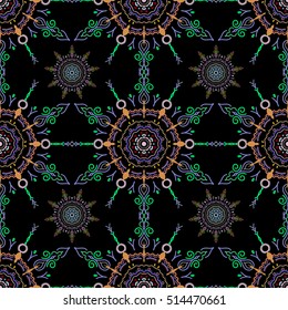 Vector illustration. In green, violet and neutral colors on a black background. Ikat damask seamless pattern background tile.