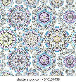 Vector illustration. Green, violet and neutral Christmas frame with abstract snowflakes and dots on white background.