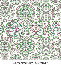 Vector illustration with green, violet and red isolated snowflakes. Isolated watercolor snowflakes on white background. Beautiful decoration. Symbol of winter.