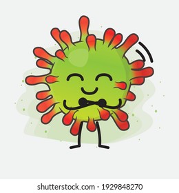 Ilustración vectorial del personaje de un virus verde con cara linda, manos simples y líneas de piernas en fondo aislado. Estilo de dibujo animado plano.