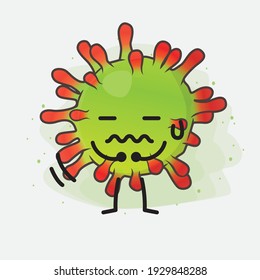 Ilustración vectorial del personaje de un virus verde con cara linda, manos simples y líneas de piernas en fondo aislado. Estilo de dibujo animado plano.