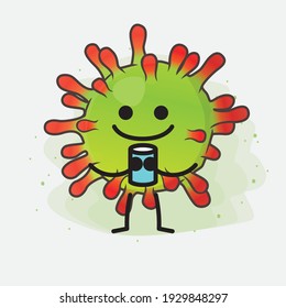 Ilustración vectorial del personaje de un virus verde con cara linda, manos simples y líneas de piernas en fondo aislado. Estilo de dibujo animado plano.