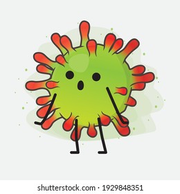 Ilustración vectorial del personaje de un virus verde con cara linda, manos simples y líneas de piernas en fondo aislado. Estilo de dibujo animado plano.
