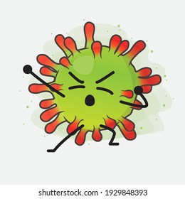 Ilustración vectorial del personaje de un virus verde con cara linda, manos simples y líneas de piernas en fondo aislado. Estilo de dibujo animado plano.