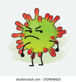 Ilustración vectorial del personaje de un virus verde con cara linda, manos simples y líneas de piernas en fondo aislado. Estilo de dibujo animado plano.