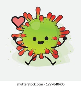 Vector Illustration of Green Virus Character with cute face, simple hands and leg line art on Isolated Background. Flat cartoon doodle style.