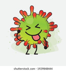 Ilustración vectorial del personaje de un virus verde con cara linda, manos simples y líneas de piernas en fondo aislado. Estilo de dibujo animado plano.