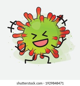 Vektorgrafik des grünen Viruszeichens mit süßem Gesicht, einfachen Händen und Beinlinien auf isoliertem Hintergrund. Flacher Cartoon-Doodle-Stil.