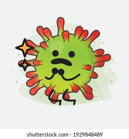 Vektorgrafik des grünen Viruszeichens mit süßem Gesicht, einfachen Händen und Beinlinien auf isoliertem Hintergrund. Flacher Cartoon-Doodle-Stil.
