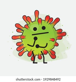 Vector Illustration of Green Virus Character with cute face, simple hands and leg line art on Isolated Background. Flat cartoon doodle style.