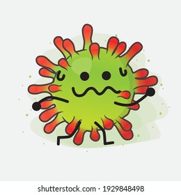 Vector Illustration of Green Virus Character with cute face, simple hands and leg line art on Isolated Background. Flat cartoon doodle style.