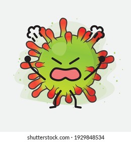Vektorgrafik des grünen Viruszeichens mit süßem Gesicht, einfachen Händen und Beinlinien auf isoliertem Hintergrund. Flacher Cartoon-Doodle-Stil.
