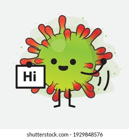 Ilustración vectorial del personaje de un virus verde con cara linda, manos simples y líneas de piernas en fondo aislado. Estilo de dibujo animado plano.
