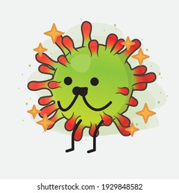 Vector Illustration of Green Virus Character with cute face, simple hands and leg line art on Isolated Background. Flat cartoon doodle style.
