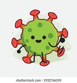 Ilustración vectorial del personaje de un virus verde con cara linda, manos simples y líneas de piernas en fondo aislado. Estilo de dibujo animado plano.