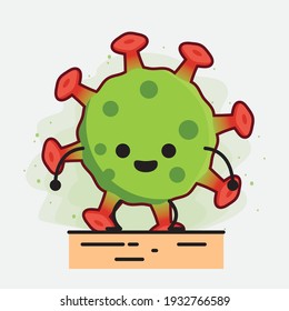 Vector Illustration of Green Virus Character with cute face, simple hands and leg line art on Isolated Background. Flat cartoon doodle style.
