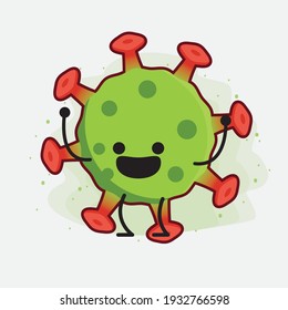 Ilustración vectorial del personaje de un virus verde con cara linda, manos simples y líneas de piernas en fondo aislado. Estilo de dibujo animado plano.