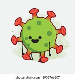 Vector Illustration of Green Virus Character with cute face, simple hands and leg line art on Isolated Background. Flat cartoon doodle style.