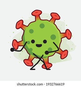 Ilustración vectorial del personaje de un virus verde con cara linda, manos simples y líneas de piernas en fondo aislado. Estilo de dibujo animado plano.