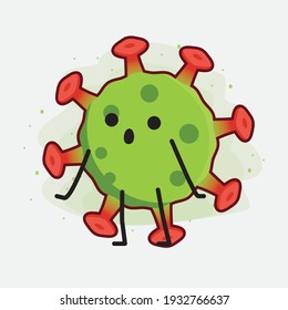 Vector Illustration of Green Virus Character with cute face, simple hands and leg line art on Isolated Background. Flat cartoon doodle style.