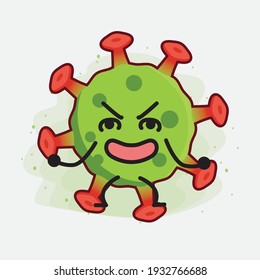 Vector Illustration of Green Virus Character with cute face, simple hands and leg line art on Isolated Background. Flat cartoon doodle style.