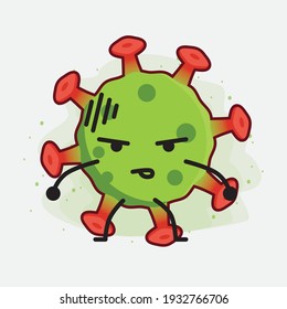 Vektorgrafik des grünen Viruszeichens mit süßem Gesicht, einfachen Händen und Beinlinien auf isoliertem Hintergrund. Flacher Cartoon-Doodle-Stil.