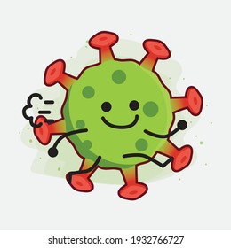 Vector Illustration of Green Virus Character with cute face, simple hands and leg line art on Isolated Background. Flat cartoon doodle style.