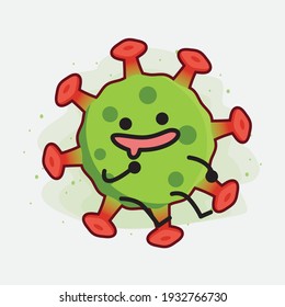 Vector Illustration of Green Virus Character with cute face, simple hands and leg line art on Isolated Background. Flat cartoon doodle style.