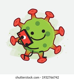 Vector Illustration of Green Virus Character with cute face, simple hands and leg line art on Isolated Background. Flat cartoon doodle style.