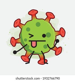 Vector Illustration of Green Virus Character with cute face, simple hands and leg line art on Isolated Background. Flat cartoon doodle style.