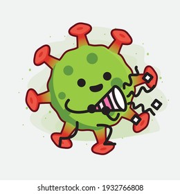 Ilustración vectorial del personaje de un virus verde con cara linda, manos simples y líneas de piernas en fondo aislado. Estilo de dibujo animado plano.