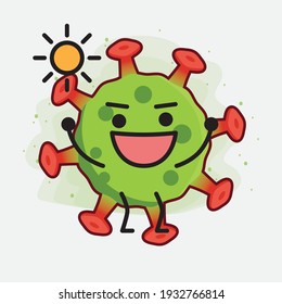 Vector Illustration of Green Virus Character with cute face, simple hands and leg line art on Isolated Background. Flat cartoon doodle style.