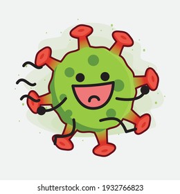 Vektorgrafik des grünen Viruszeichens mit süßem Gesicht, einfachen Händen und Beinlinien auf isoliertem Hintergrund. Flacher Cartoon-Doodle-Stil.