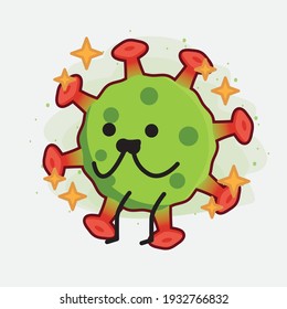 Ilustración vectorial del personaje de un virus verde con cara linda, manos simples y líneas de piernas en fondo aislado. Estilo de dibujo animado plano.