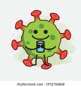 Vector Illustration of Green Virus Character with cute face, simple hands and leg line art on Isolated Background. Flat cartoon doodle style.