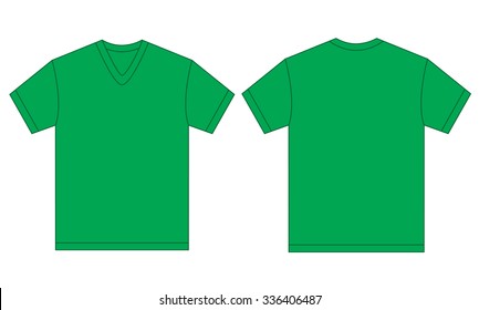Vector illustration of green v-neck shirt, isolated front and back design template for men