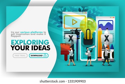 Vector illustration . green web banner about exploring your idea. people walking around stationery and light bulb to find and get ideas and inspiration. Can use for print page. Flat cartoon style