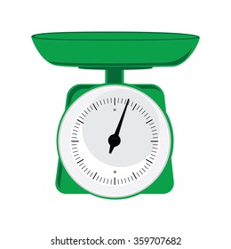 Vector illustration green weight scale on white background. Weighing scales with pan and dial  for weight measurement. Kitchen appliances or measuring tool