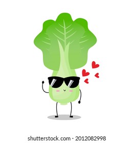 Vector illustration of green white cabbage character with cute expression, funny, isolated on white background, vegetable for mascot collection, emoticon kawaii, sunglasses, lovely
