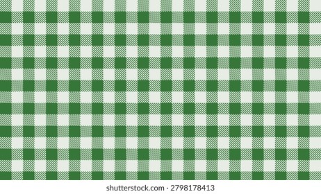 Vector illustration of a green and white checkered gingham pattern. The seamless design features evenly spaced squares, ideal for textiles or backgrounds.