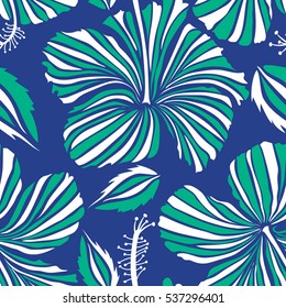 Vector illustration. Green and white hibiscus seamless pattern. Vector seamless pattern with tropical flowers in watercolor style.