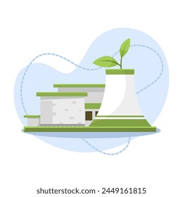 Vector illustration of a green and white nuclear power plant with a leaf, symbolizing eco-friendliness, on a light blue abstract background. Vector illustration