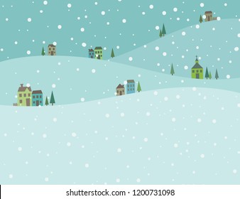 Vector illustration of green winter snow landscape background. Image of snow falling on the village.