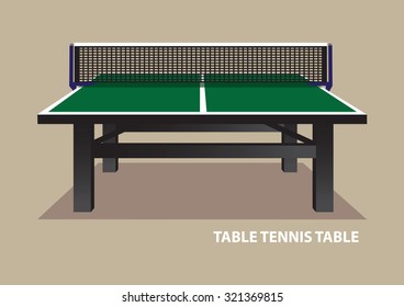 Vector illustration of green wooden table tennis table viewed from one end at eye level isolated on plain beige background. 