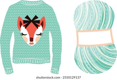 Vector illustration of a green wool sweater with a doe design and a ball of wool with its blank label, images for scrapbooking or handmade clothing for small local businesses.