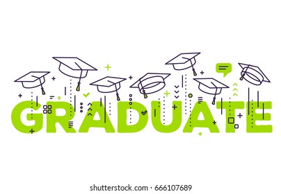 Vector illustration of green word graduation with graduate caps on a white background. Congratulation graduates 2017 class of graduations. Line art design of greeting, banner, invitation card