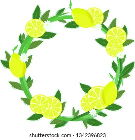 Vector illustration of green wreath with lemons, lemon slices, white flowers and green leaves. 